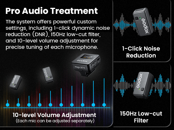Audio system interface showing noise reduction features: 1-click noise reduction, 10-level volume adjustment sliders, and 150Hz low-cut filter with blue waveform visualizations.
