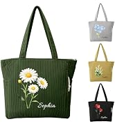 Personalized Corduroy Tote Bag for Women, 4 Colors Custom Name Large Shoulder Handbags Work Trave...