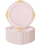 Nervure 100PCS Pink and Gold Plastic Plates - 7.5 inch Pink Plastic Plates with Gold Rim - Dispos...