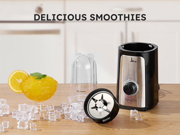 Sangcon blender cup for smoothies with fruit, ice, and cross blade assembly