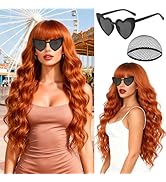 PLULON Auburn Wavy Wig with Bangs for Women, Long Wavy Curly Wigs with Hair Cap Heart-Shaped Sung...