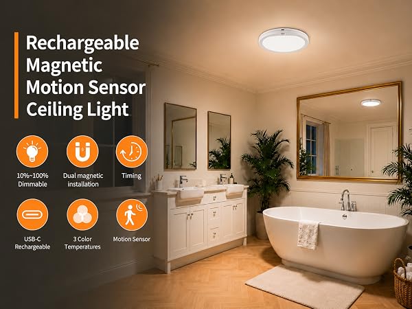 Rechargeable Magnetic Motion Sensor Ceiling Light