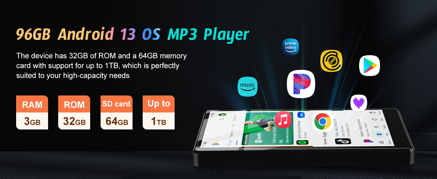 Text reads 'Pick Android 13 OS MP3 Player'. Screenshot or interface display showing app icons and menu elements on dark background.