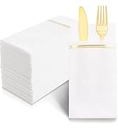 Nervure 100PCS Gold Paper Napkins with Built-in Flatware Pocket - White and Gold Prefolded Cloth ...
