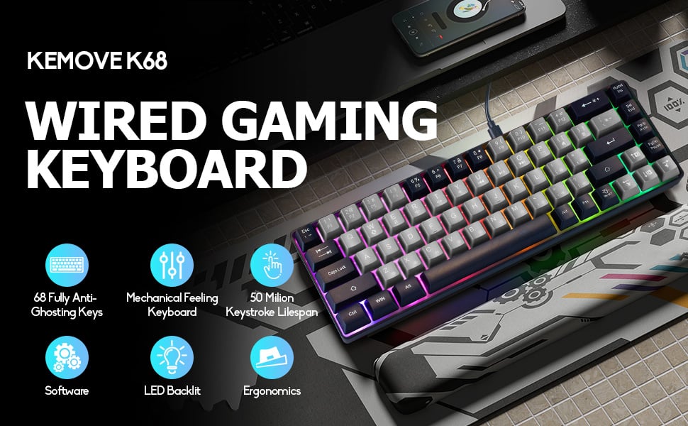 Wired Portable 60% Mechanical Feeling Gaming Keyboard,