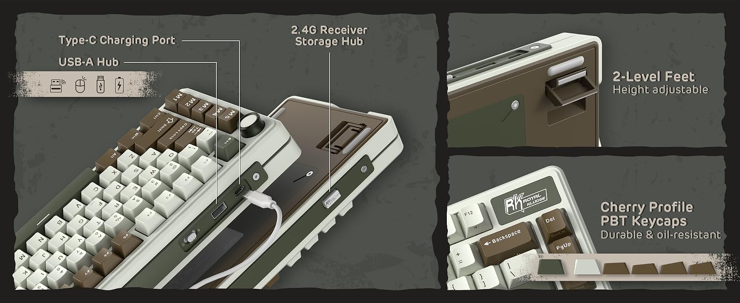 Mechanical keyboard with white keys, USB-A hub, Type-C charging port, 2.4G receiver storage, and 3-level fold-out feet. Features Cherry profile PBT keycaps and a sleek design.
