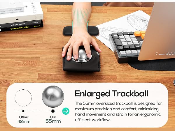 Text reads 'Enlarged Trackball'. Product demonstration images showing a trackball device being used with computer keyboard, featuring 55mm oversized design for ergonomic workflow.
