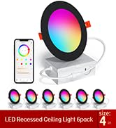 SikSog Smart Recessed Lighting 4 Inch Black RGBCW Color Changing 12W LED Downlight with Junction ...