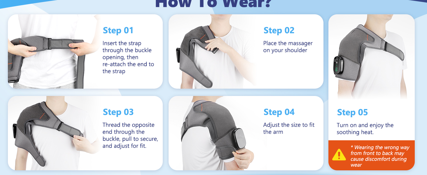 Step by step wearing instructions for adjustable shoulder heating pad with massage