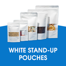 Five sizes of white standup pouches lined up from smallest to largest on a blue and white background