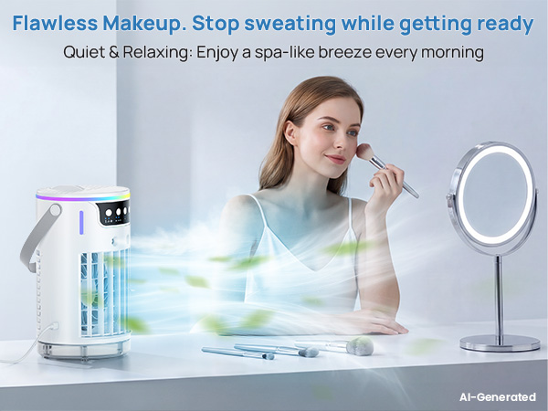 A personal ac fan cools a woman, stopping sweat for flawless makeup