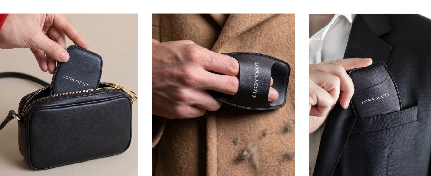 Three panels showing black textured clutch or small bag being held and displayed from different angles, demonstrating its compact rectangular shape and fabric texture details.
