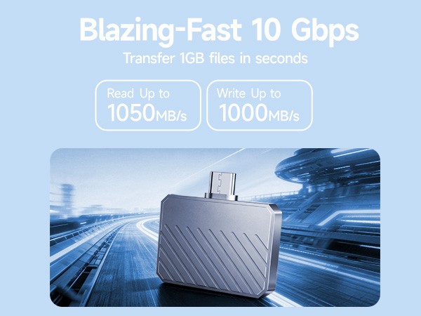 Text reads 'Blazing-Fast 10 Gbps' with '1050MB/s 1000MB/s' specifications. Technology advertisement featuring network cables and computer hardware.