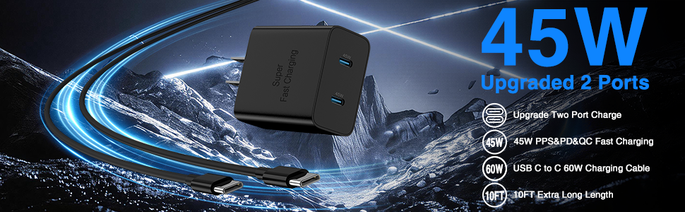 Upgraded 2 Port 45W Charger and USB C to C Cable