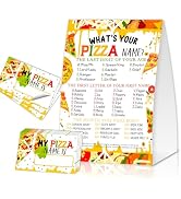 EQIUAG What's Your Pizza Name, Funny Pizza Theme Game Cards Set,1 Game Sign and 30 Cards, Perfect...