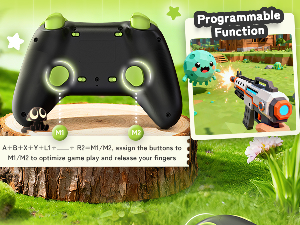 Text reads 'Programmable', 'Function'. Gaming controller shown in outdoor grass setting with interface demonstration and cartoon character elements.