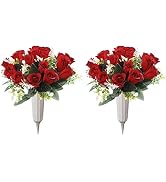 U'Artlines 2Pcs Artificial Cemetery Flowers for Grave Silk Memorial Rose Flowers Outdoor Grave Fl...