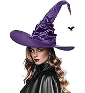 WXOIEOD Purple Witch Hat for Woman Adult Large Wizard Hats Halloween Cosplay Costume with Bat Dec...