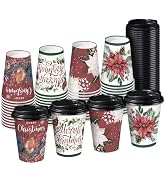 RUSPEPA 48 Pack Disposable Paper Coffee Cups with Lids, 12 oz, Christmas Flower & Robin Printed, ...