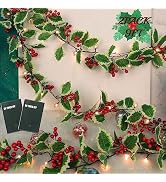 Juegoal 2 Pack Christmas Garlands, 9FT Pre-lit Red Berries & Holly Leaves Garland, Artificial Lig...