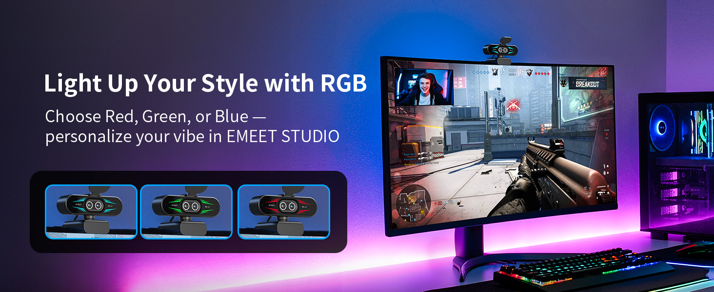 Expressive RGB Lighting Design EMEET C60E Dual-Camera 4K Webcam for Streaming