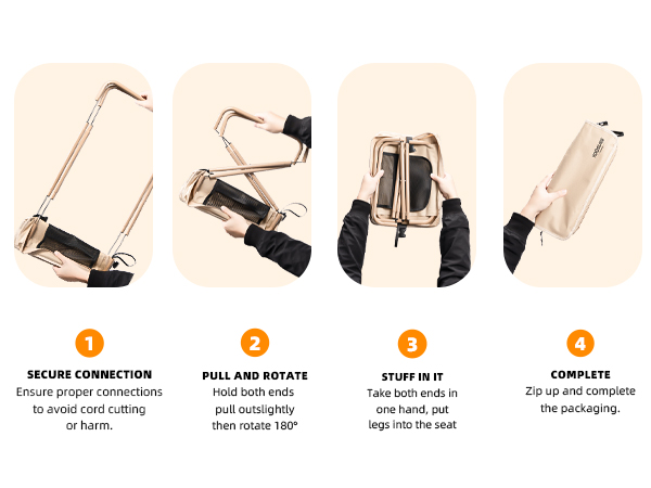 4-Step Storage: Extend the chair legs, rotate 180 degrees, pack into the bag, and zip it closed.
