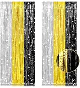 PIGETALE, 2 Pack 3.2x8.2 Feet Silver Black and Gold Tinsel Foil Fringe Curtains Streamers Backdro...