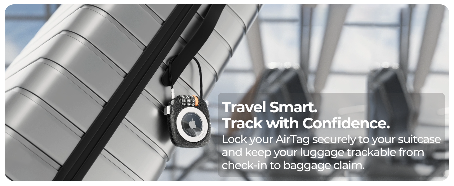 Lockable AirTag holder secures suitcase tracking for airports, baggage claim, and travel protection.