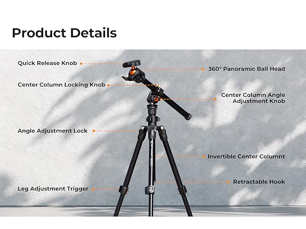 Text reads: 'Product Details' followed by labeled technical diagram showing tripod features including 'Quick Release Knob', '360° Panoramic Ball Head', 'Center Column Locking Knob', and 'Angle Adjustment Lock'.