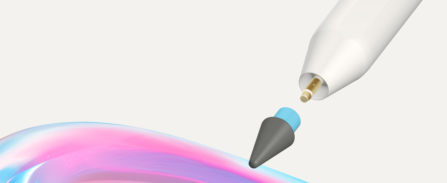 Close-up of a white digital stylus pen with a gray rubber tip. The pen hovers over a colorful, curved surface with pink and blue hues.