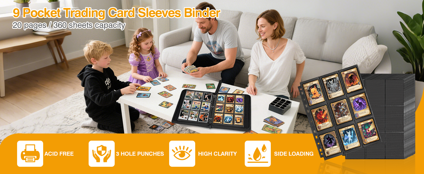 Black Trading Card Sleeves Binder Sheets, Double Sided Thicken Game Card Sleeves for 3 Ring Binder