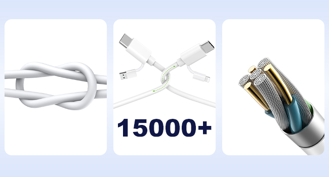 Text reads '15000+'. Collection of white wireless earbuds and charging cases shown from different angles against blue background.