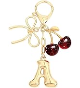 Snycler Bubble Initial Keychain with Bow & Cherry - Gold Letter Bag Charms for Women, Cute Purse ...