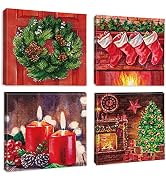 OTOSTAR 4 Pieces Christmas Wall Art Canvas Prints - Red Xmas Candle Sock Picture Painting - Moder...