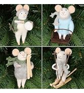 Juegoal Felt Skiing Mice Ornaments Set of 4, Winter Xmas Wool White Mouse Hanging Decor, Felt Ani...