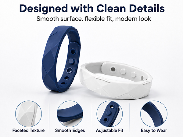 Close-up of anti-static wristband: faceted texture, smooth edges, adjustable fit
