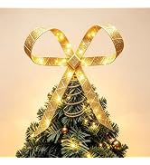 Christmas Tree Topper Bow, Lighted Gold Bow Tree Topper with Lights | Lighted gold glitter bow to...