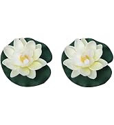 2Pcs White Artificial Floating Foam Lotus Flowers with Water Lily Pad Ornaments,Perfect for Patio...