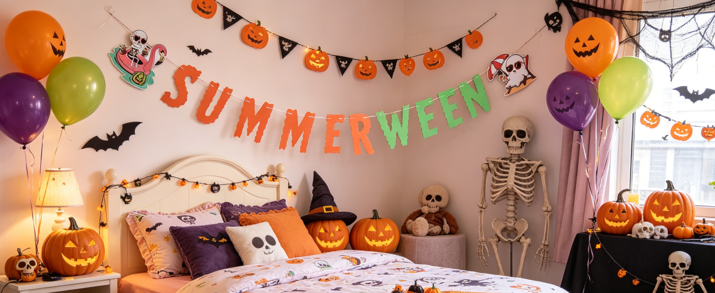 Summerween banner hung on bedroom wall, cute spooky design.
