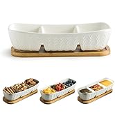 Miamolo 3 Compartment Condiment Tray, Chip and Dip Bowl with Wooden Serving Tray, Perfect for Sna...