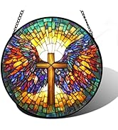DASTOLL Stained Glass Window Hanging - Jesus Cross Wings Suncatcher Ready to Hang Window Doors Ho...