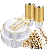 realluck 350 PCS White and Gold Plastic Plates, Plastic Dinnerware Set for 50 Guests, 100 Disposa...
