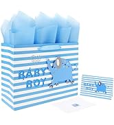 13" Large Blue Gift Bag Set with Greeting Card and Tissue Paper(3D elephant) for Baby Boy,Baby Sh...