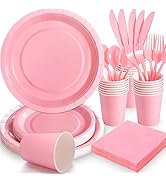 Gudvilla 168PCS Light Pink Paper Plates and Napkins,Pink Disposable Plates Set with Pink Utensils...