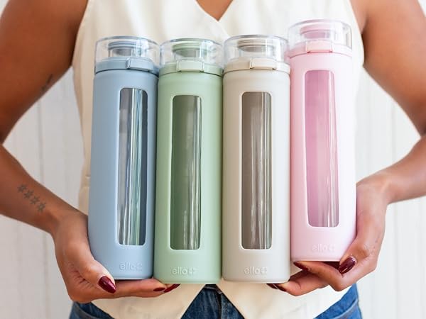 ello syndicate 20oz glass reusable water bottle with carry loop and silicone sleeve