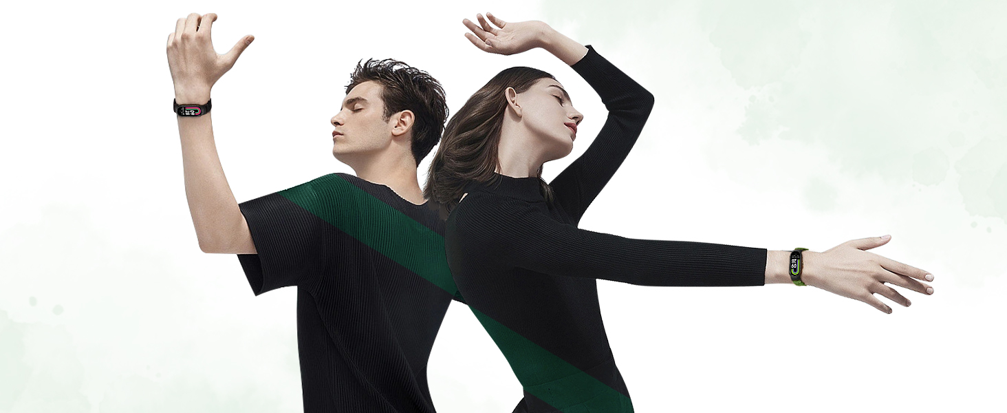 Two people wearing smart fitness devices, demonstrating dynamic movement poses against a light background.