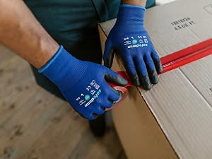 PU coated 18-gauge nylon safety gloves for warehouse packaging and moving boxes.