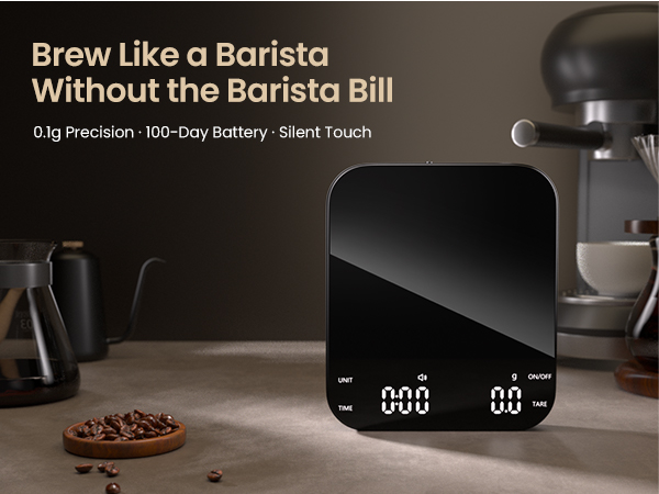coffee scale with 0.1g precision, 100-day battery life, silent touch buttons, brew like a barista