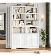 FOTOSOK 73" White Bookshelf, Tall Bookshelf with Doors, 47.2" Double Wide Bookshelves and Bookcas...