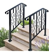 3-Step Outdoor Stair Railing: Black Wrought Iron Handrail for 2 to 3 Steps - Porch Stairs Hand Ra...